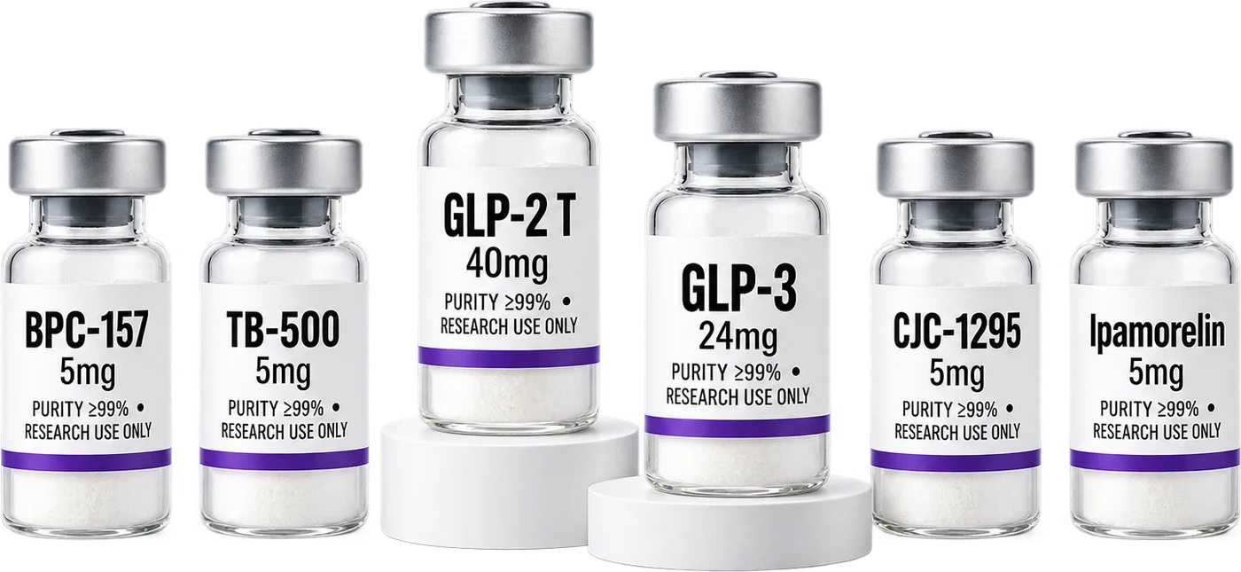 Six research peptide vials including BPC-157, TB-500, GLP-2 T, GLP-3, CJC-1295 and Ipamorelin, 99%+ purity, research use only